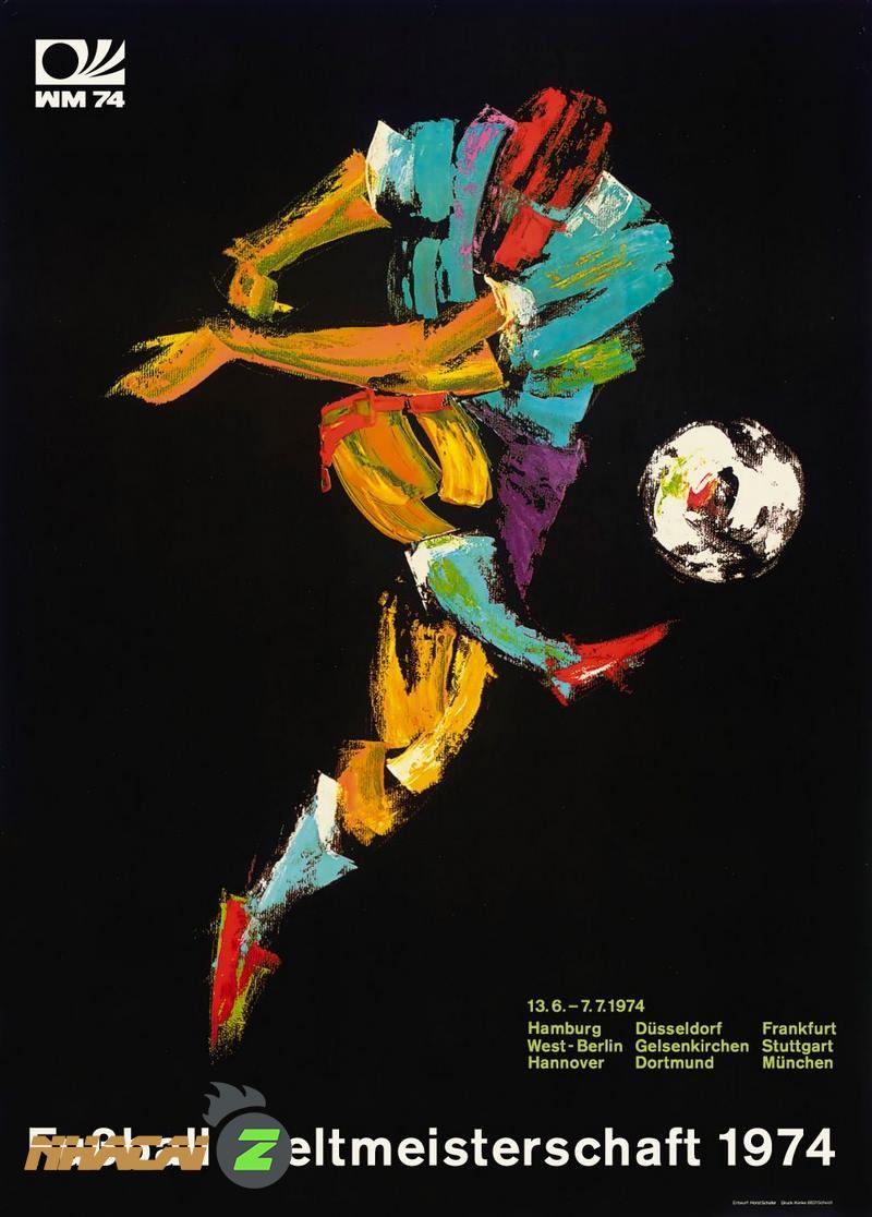 Hình ảnh một pha sút bóng thể hiện trên poster World Cup Tây Đức năm 1974